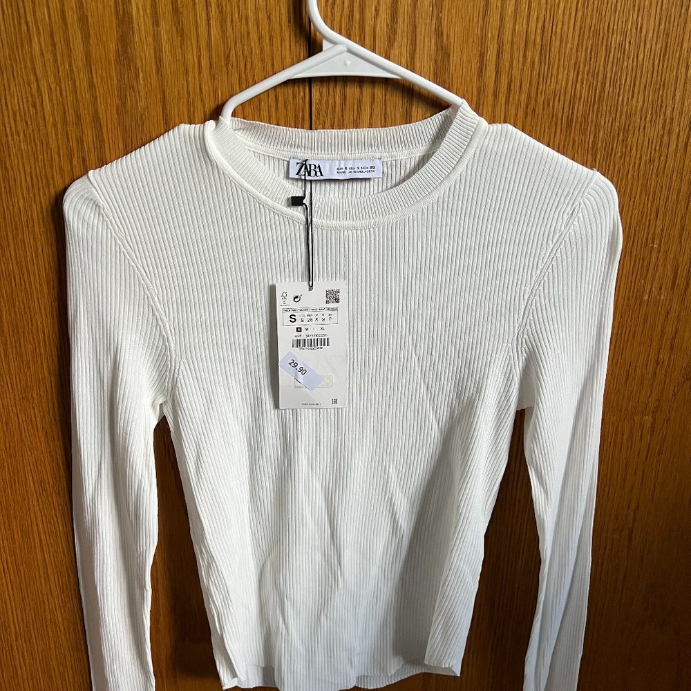Zara White Ribbed Long Sleeve Shirt